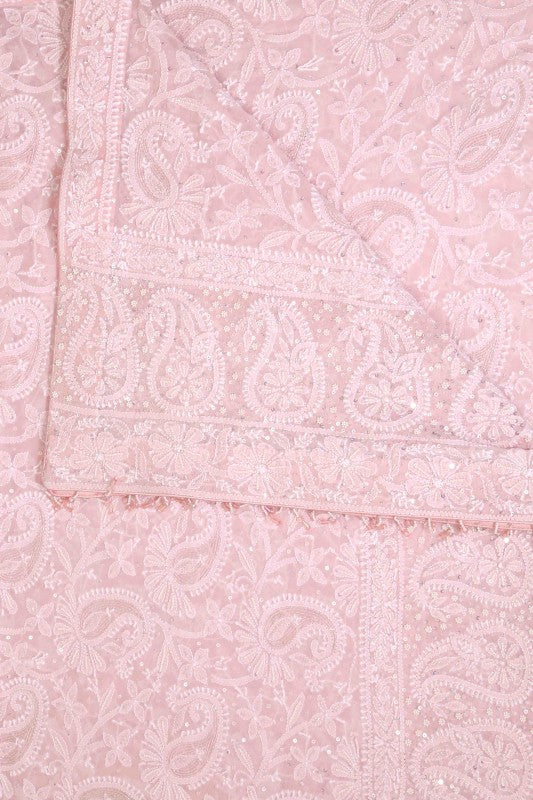 Ada Hand Embroidered Pink Pure Georgette Lucknowi Chikankari Dupatta with Pearl Work - A612181