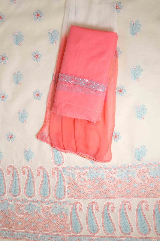 Ada Hand Embroidered Cream/Pink Cotton Lucknowi Chikan Unstitched Suit Piece A621490