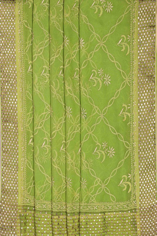 Ada Hand Embroidered Light Green Chiffon Lucknowi Chikankari Saree With Blouse With Muqaish Work- A201402