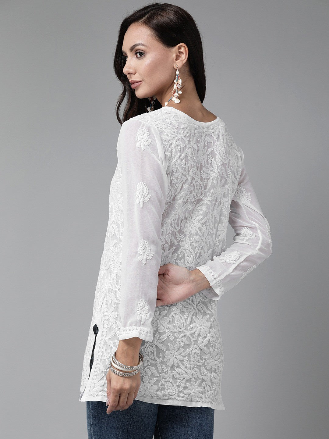Ada Hand Embroidered White Georgette Lucknowi Chikankari Straight Kurti A911234