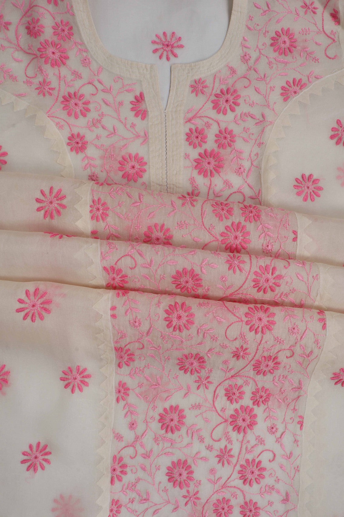 Ada Hand Embroidered Cream Organza Lucknowi Chikankari Unstitched Kurta Dupatta Set 01A264423