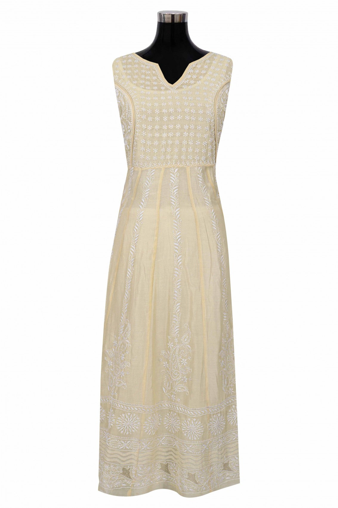 Ada Hand Embroidered Fawn Chanderi Lucknowi Chikankari Semi-Stitched Anarkali Kurta Dupatta Set 01A205808