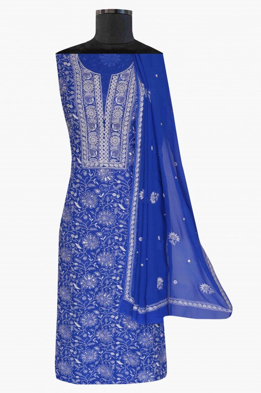 Ada Hand Embroidered Royal Blue Pure Georgette Lucknowi Chikan Unstitched Kurta Dupatta Set With Pearl & Sequinned Work A602319