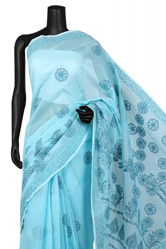 Ada Hand Embroidered Blue Kota Lucknowi Chikankari Saree With Blouse A607032