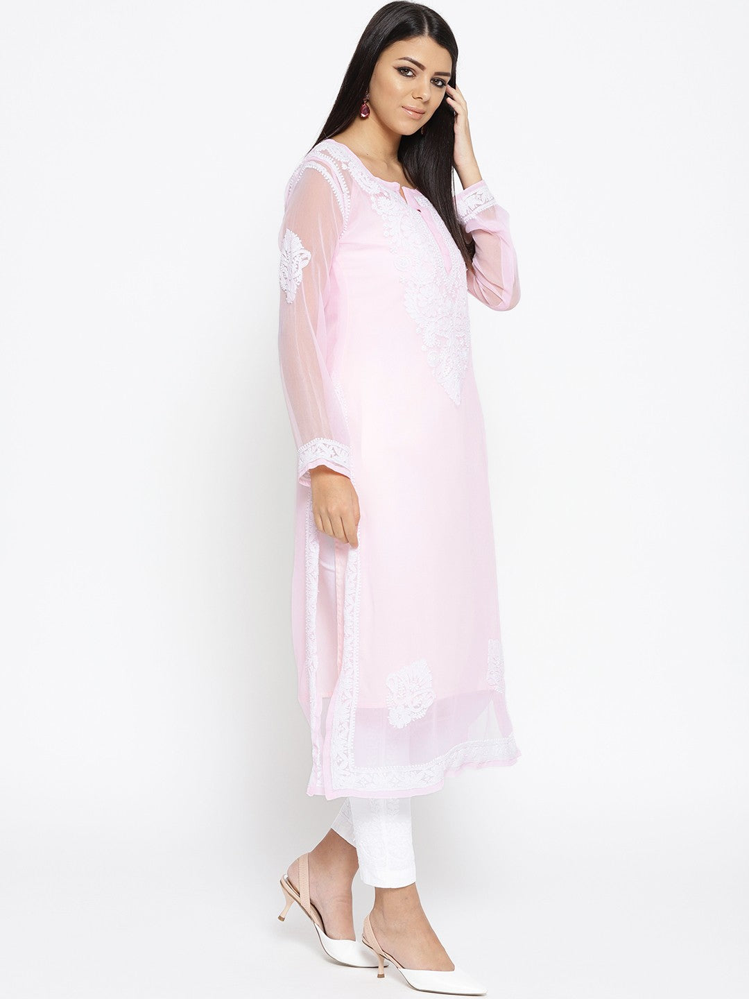 Ada Hand Embroidered Pink Faux Georgette Lucknow Chikankari Kurta Set with Slip A100042