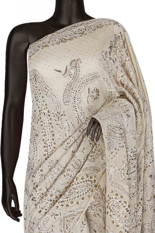 Ada Hand Embroidered Gardenia Cream Pure Georgette Lucknow Chikan Saree/Blouse With Muqaish Work A414332