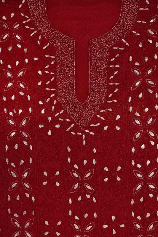Ada Hand Embroidered Maroon Georgette Lucknowi Chikan Unstitched Kurta Piece With Gota Patti Work A330482