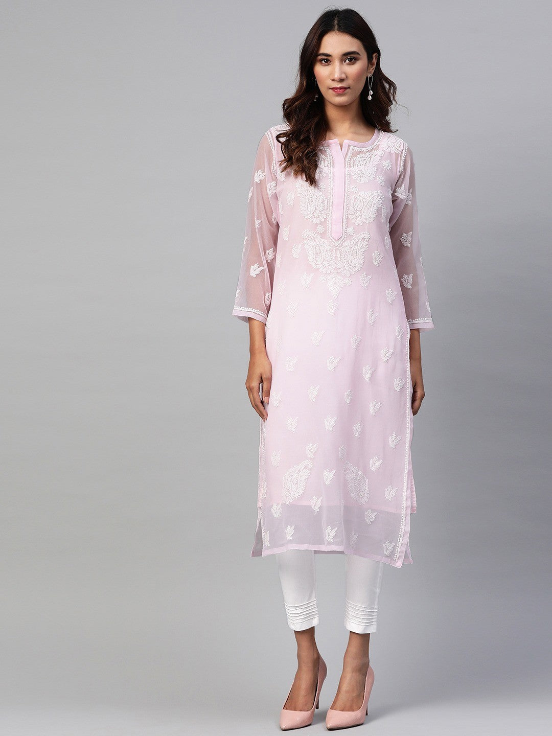 Ada Hand Embroidered Pink Georgette Lucknowi Chikankari Straight Kurta Set With Slip A811162