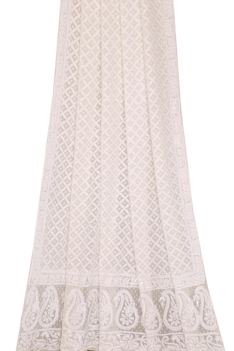 Ada Hand Embroidered White Pure Georgette Lucknowi Chikankari Dupatta With Pearl & Sequinned Work-A619815