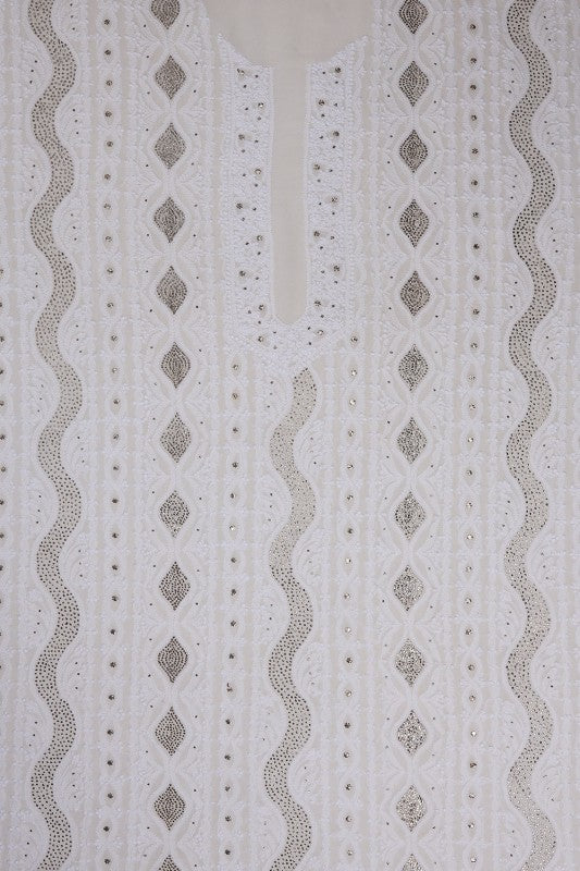 Ada Hand Embroidered White Pure Georgette Lucknowi Chikan Unstitched Men's Kurta Piece With Muqaish Work- A604625