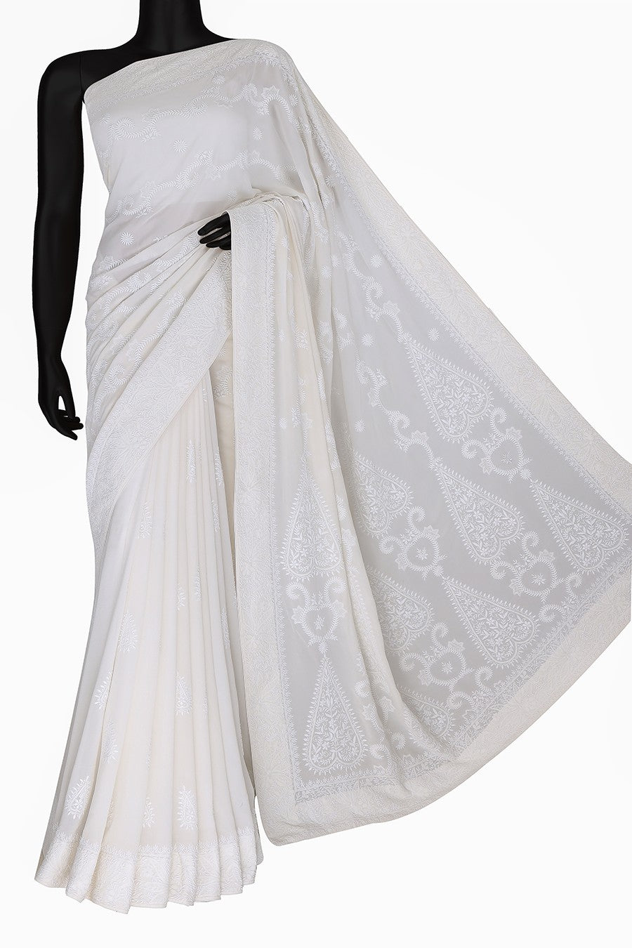 Ada Hand Embroidered White Pure Georgette Lucknowi Chikankari Saree with Blouse A296660