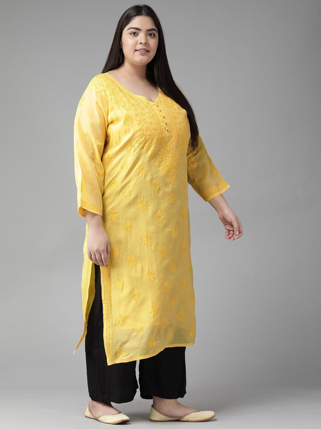 Ada Hand Embroidered Yellow Cotton Lucknowi Chikankari Straight Kurta A231421