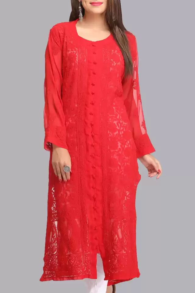 Ada Hand Embroidered Red Georgette Lucknow Chikankari Kurta A183538.