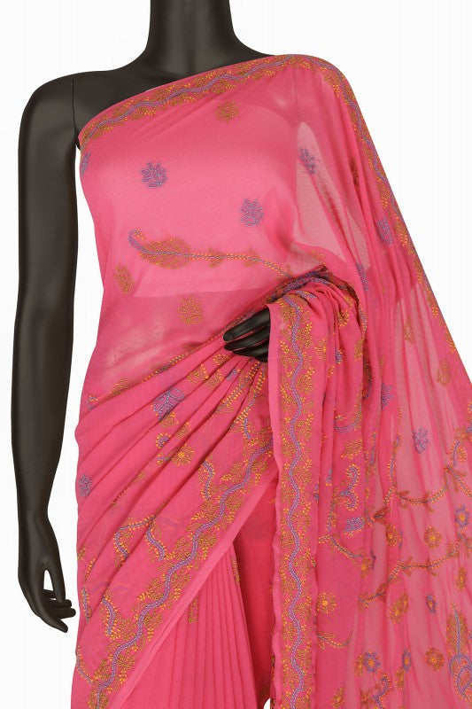 Ada Hand Embroidered Pink Georgette Lucknowi Chikankari Saree with Blouse A611436