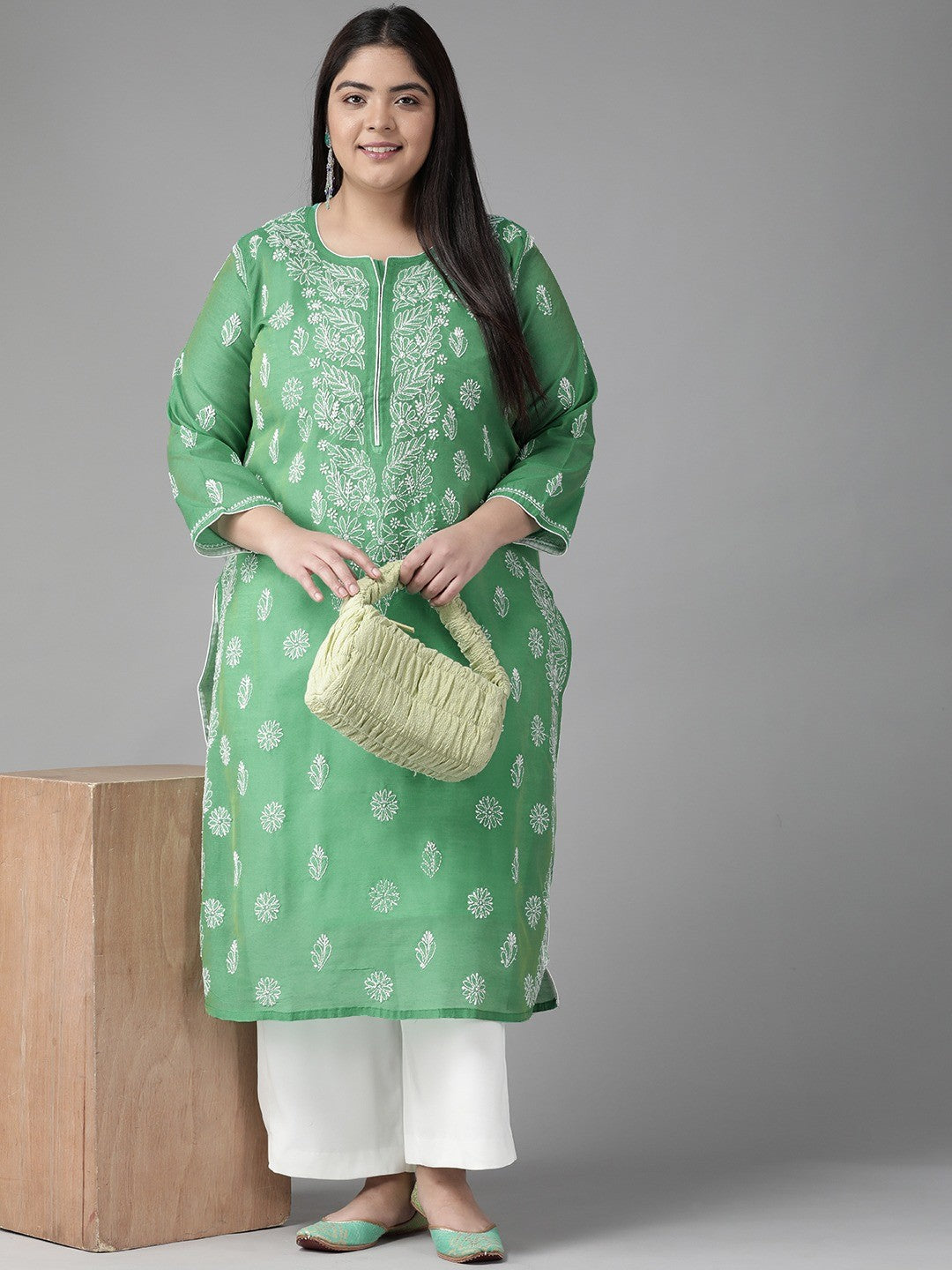 Ada Hand Embroidered Green Chanderi Lucknow Chikankari Straight Kurta A411176