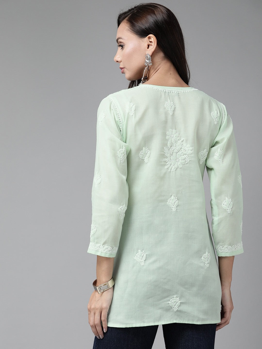 Ada Hand Embroidered Green Cotton Lucknow Chikan Short Kurti A911215