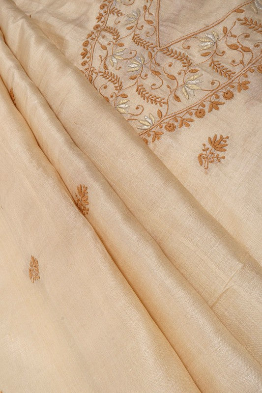 Ada Hand Embroidered Natural Fawn Tussar Silk Lucknowi Chikan Unstitched Kurta Piece A58146