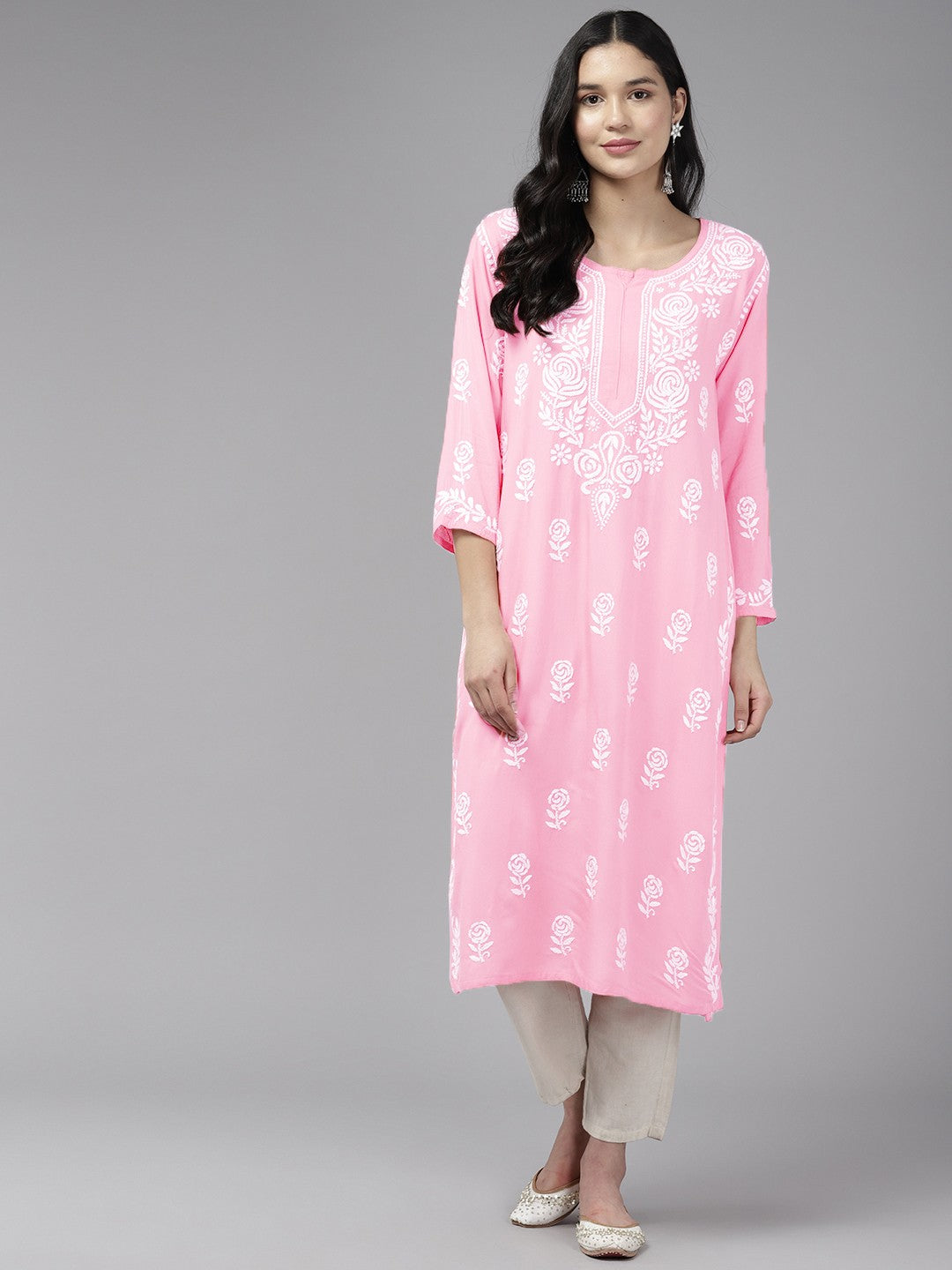 Ada Hand Embroidered Light Pink Rayon Lucknowi Chikankari Straight Kurta A411450