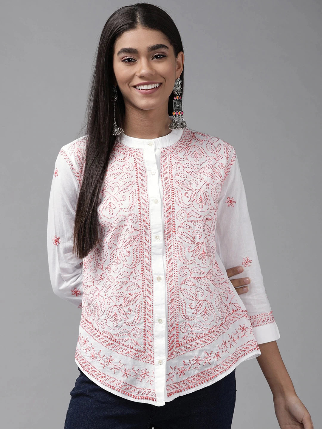 Ada Hand Embroidered White Cotton Lucknowi Chikankari Shirt A911245