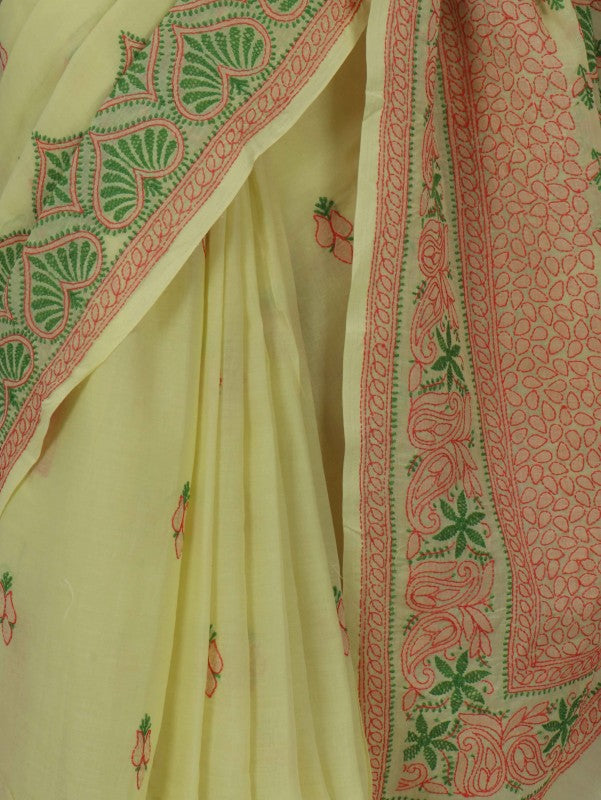 Ada Hand Embroidered Lemon Cotton Lucknowi Chikankari Saree With Blouse A239628