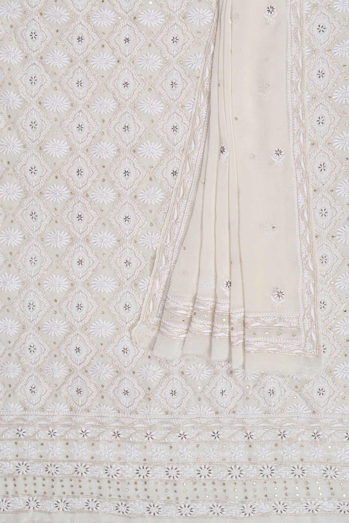 Ada Hand Embroidered White Pure Georgette Lucknowi Chikankari Unstitched Kurta Dupatta Set With Cutdana Work A392440