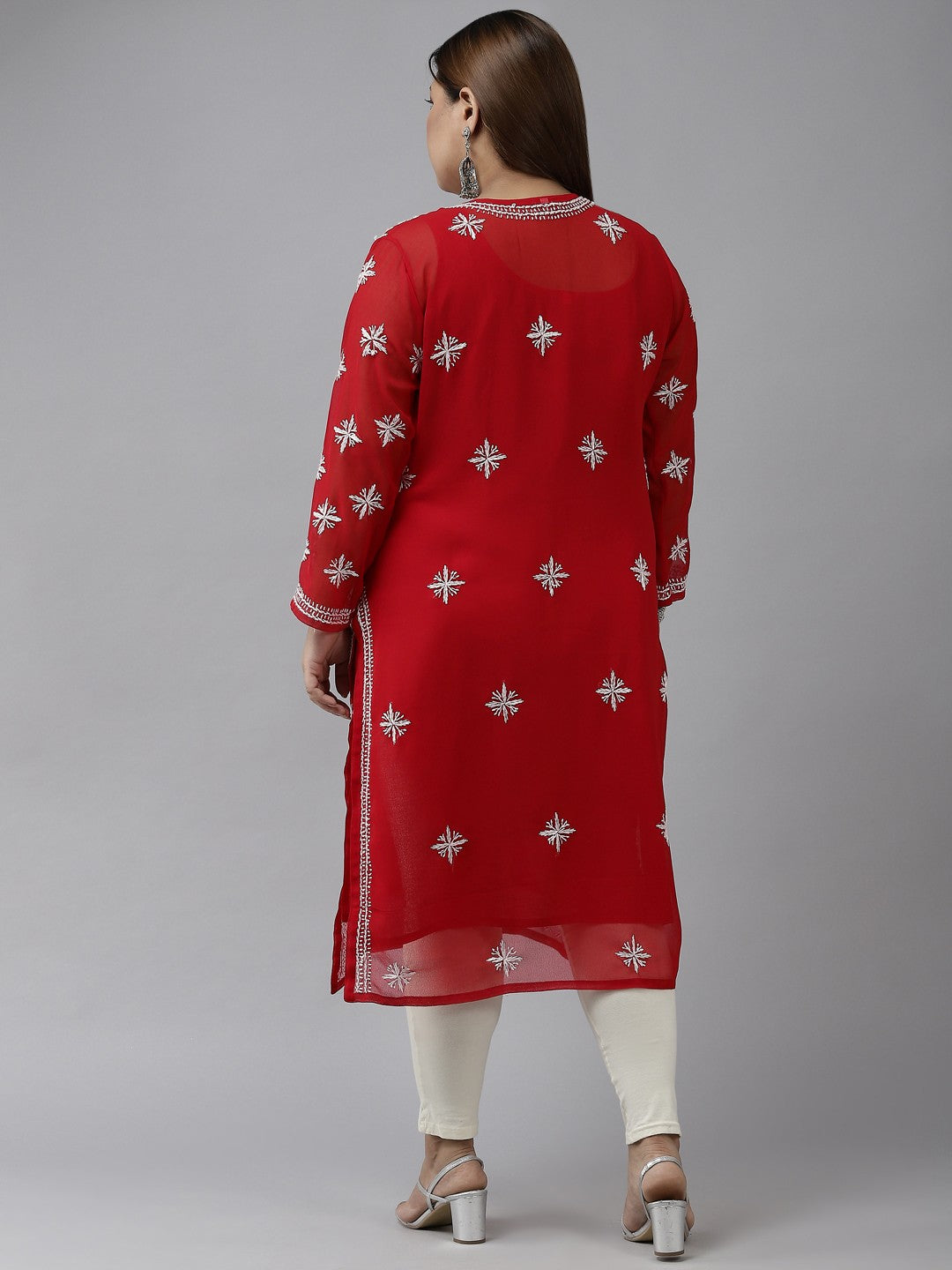 Ada Hand Embroidered Red Georgette Lucknowi Chikankari Straight Kurta with Slip A90361