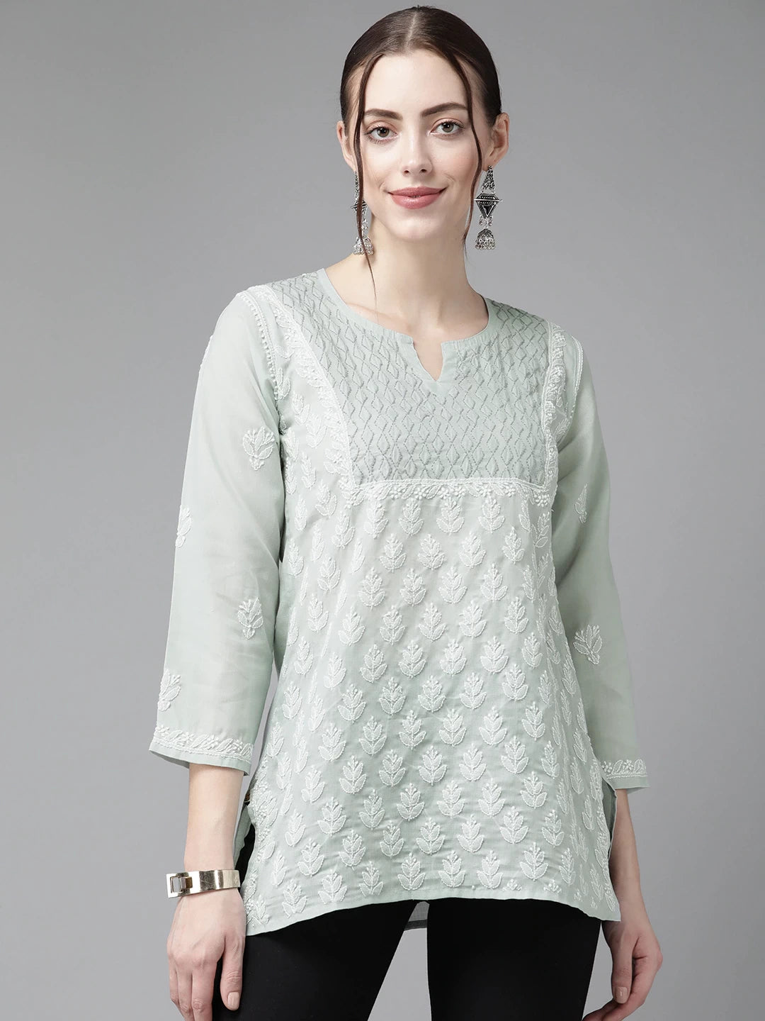 Ada Hand Embroidered Grey Cotton Lucknowi Chikankari Kurti A911216