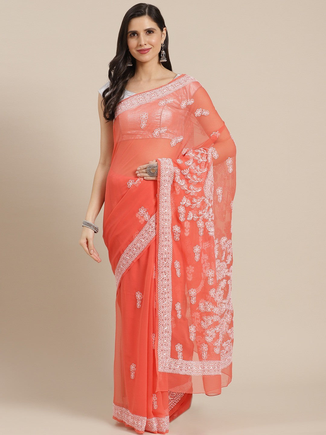 Ada Hand Embroidered Carrot Pink Georgette Lucknowi Chikan Saree With Blouse- A191620
