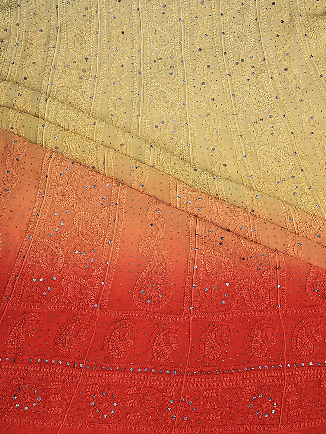 Ada Hand Embroidered Yellow & Orange Shaded Georgette Lucknowi Chikankari Semi-stitched Anarkali Kurta Dupatta Set With Muqaish Work- A608779