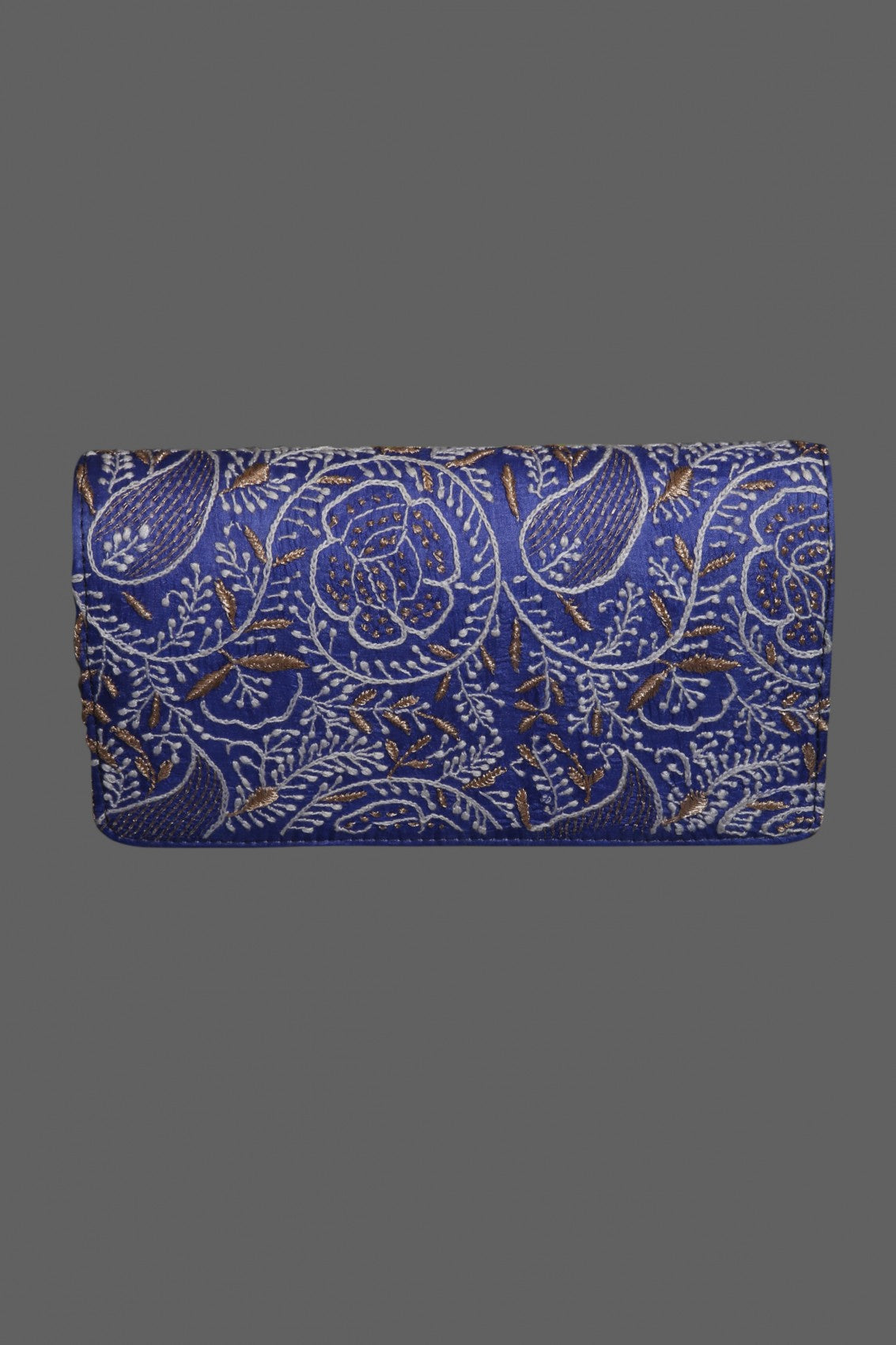 Ada Hand Embroidered Royal Blue Silk Lucknowi Chikankari Clutch With Zari Work 01A298174