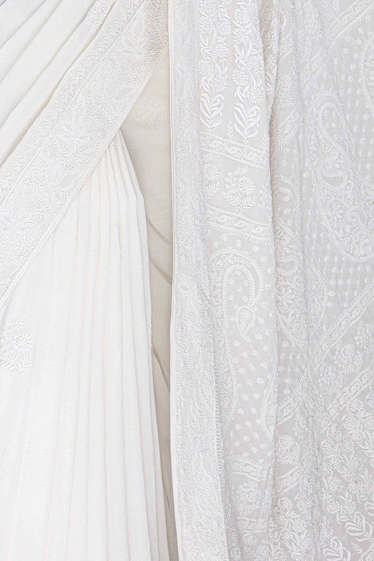 Ada Hand Embroidered White Pure Georgette Lucknow Chikan Saree with Blouse A342798