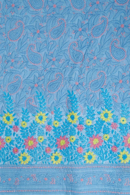 Ada Hand Embroidered Blue Cotton Lucknowi Chikan Unstitched Suit Piece-A100166