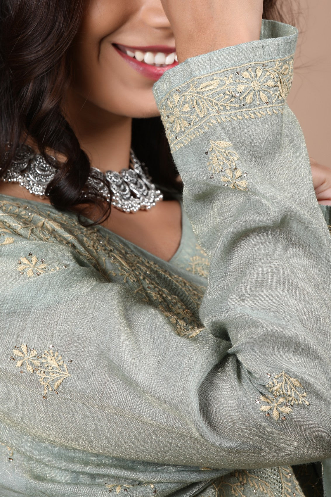 Ada Hand Embroidered Pickle Green Tissue Lucknowi Chikankari Semi-stitched Kurta Dupatta Set With Muqaish Work 01A189051