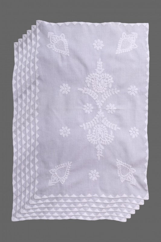 Ada Hand Embroidered White Cotton Lucknowi Chikankari Dining Table Runner Set A96914