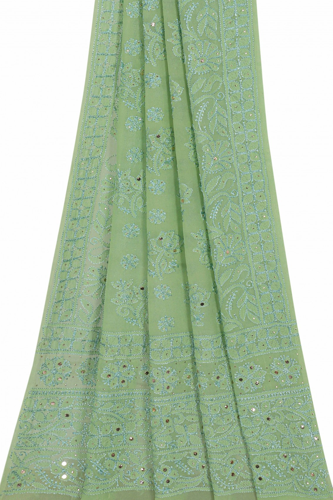 Ada Hand Embroidered Green Pure Georgette Lucknowi Chikankari Dupatta With Muqaish Work 01A156924