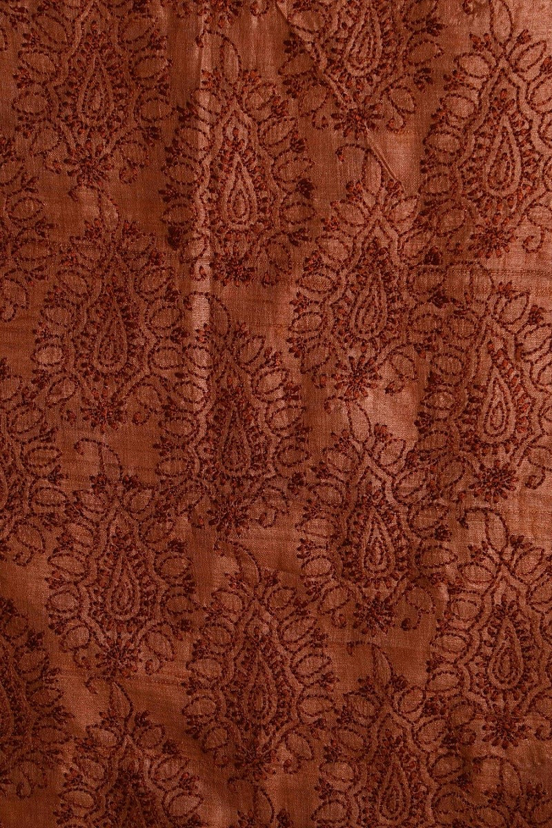 Ada Hand Embroidered Rust Tusser Silk Lucknowi Chikan Unstitched Kurta Piece-A508360