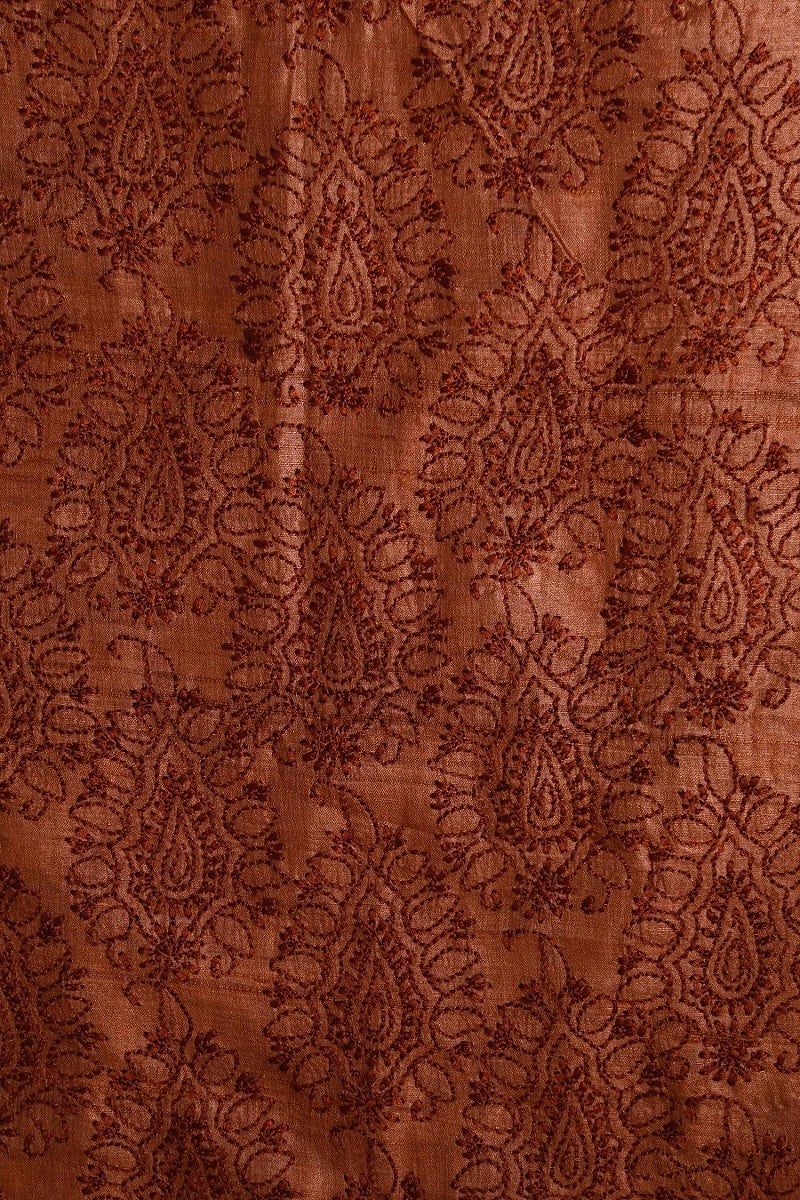 Ada Hand Embroidered Rust Tusser Silk Lucknowi Chikan Unstitched Kurta Piece-A508360