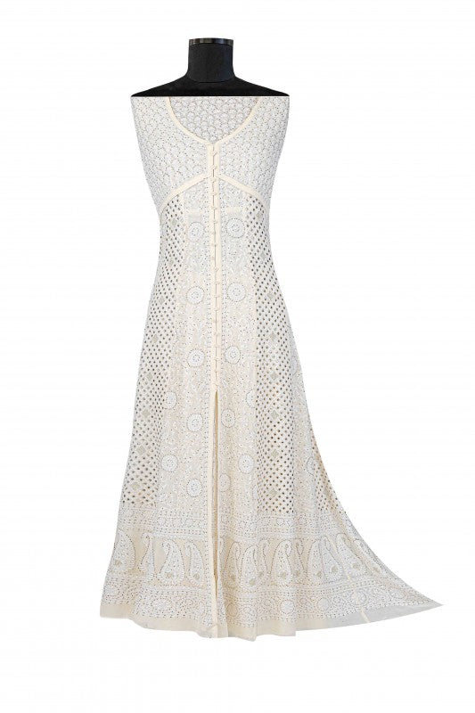 Ada Hand Embroidered White Pure Georgette Semi Stitched Anarkali Kurta Dupatta Set with Muquaish Work A501767