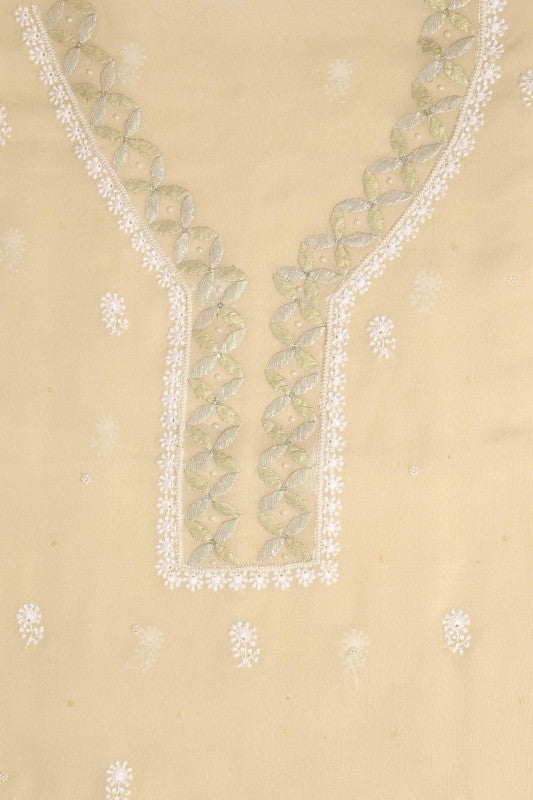 Ada Hand Embroidered Cream Chiffon Lucknowi Chikankari Unstitched Kurta Piece With Gota Patti Work A166470