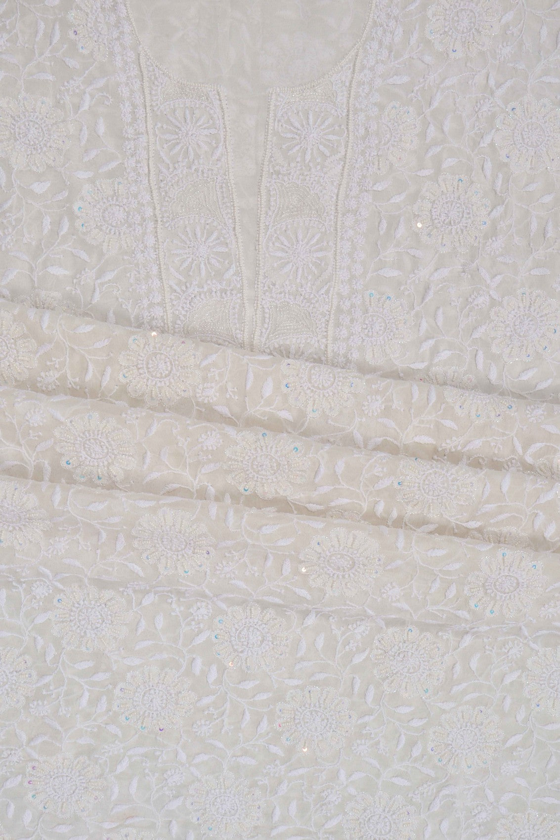 Ada Hand Embroidered White Pure Georgette Lucknowi Chikankari Unstitched Kurta Dupatta Set With Pearl Work 01A186865