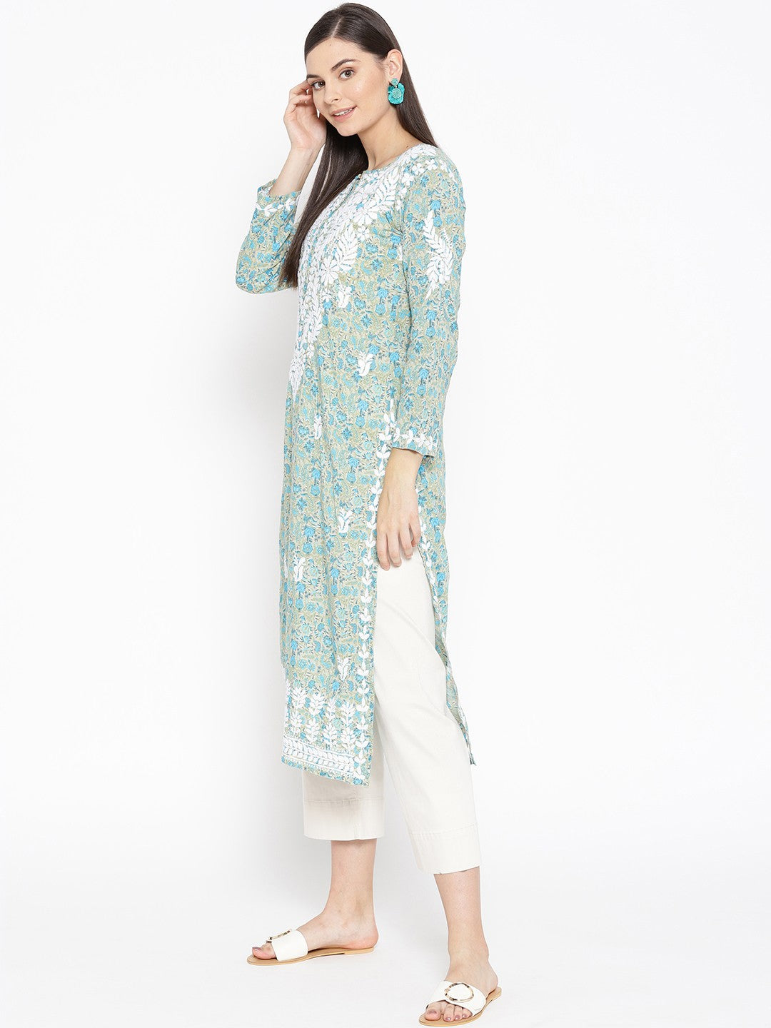 Ada Hand Embroidered Fawn Blue Cotton Lucknow Chikankari Straight Kurta- A100038
