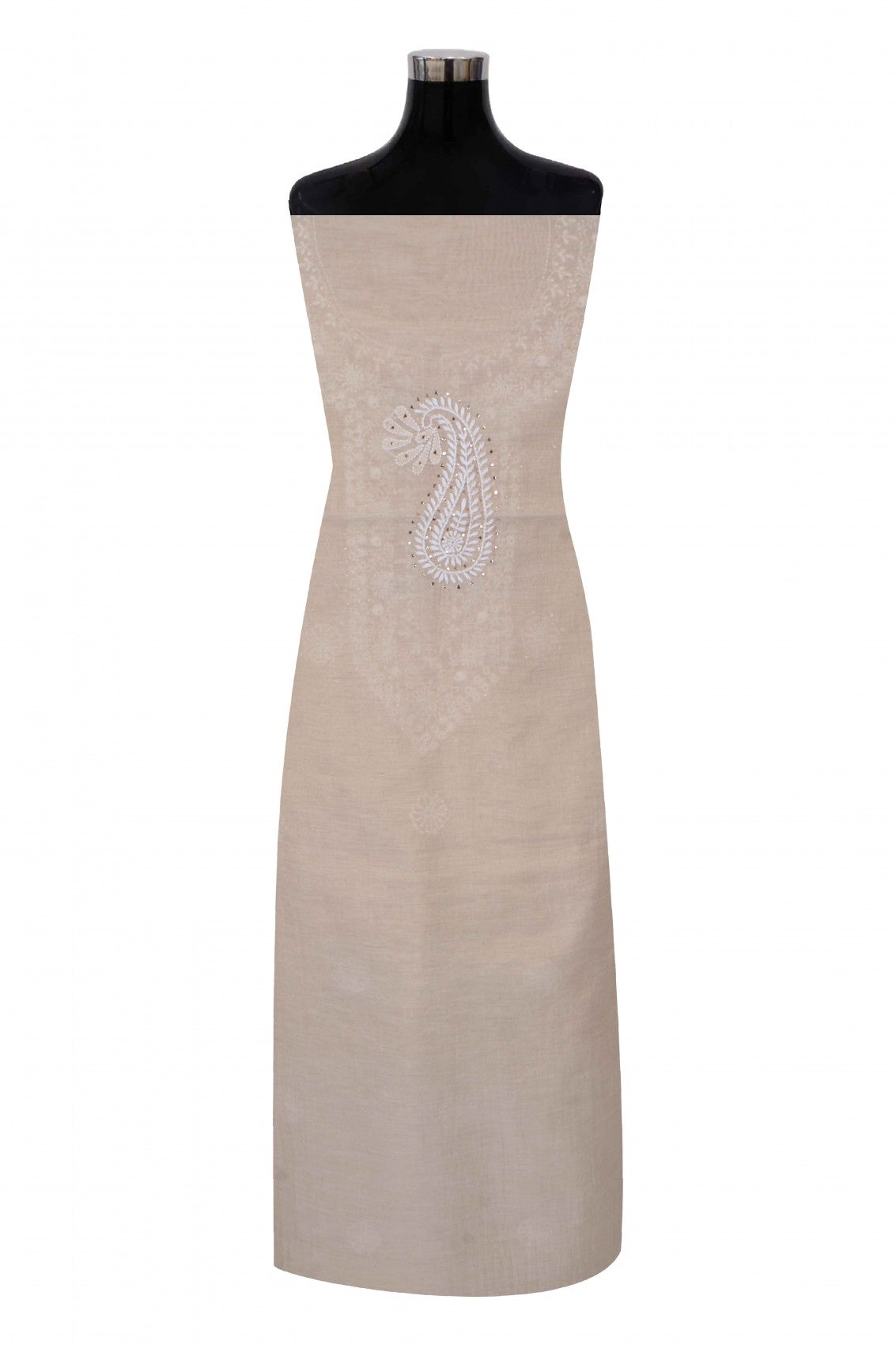Ada Hand Embroidered Natural Fawn Tissue Lucknowi Chikankari Unstitched Kurta Dupatta Set With Muqaish Work 01A196056