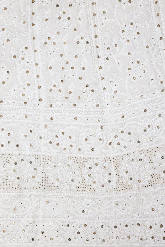 Ada Hand Embroidered White Pure Georgette Lucknowi Chikankari Semi-stitched Anarkali Kurta Dupatta Set with Muqaish Work A534054