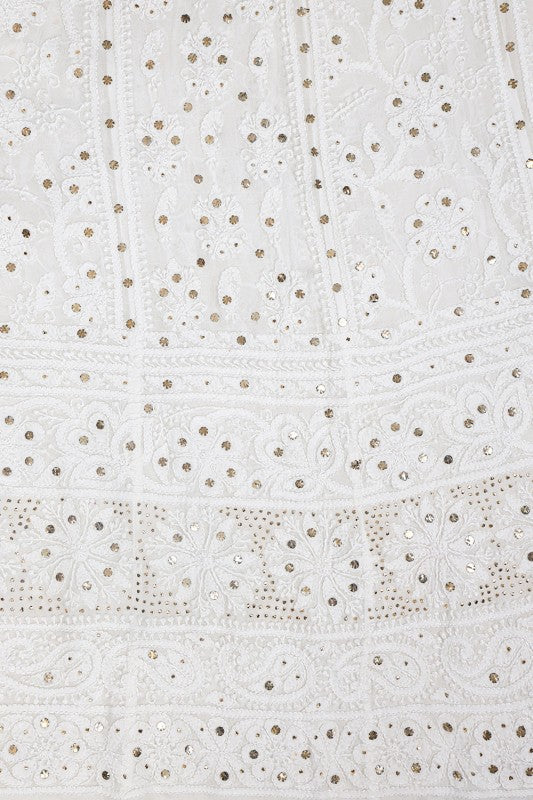 Ada Hand Embroidered White Pure Georgette Lucknowi Chikankari Semi-stitched Anarkali Kurta Dupatta Set with Muqaish Work A534054