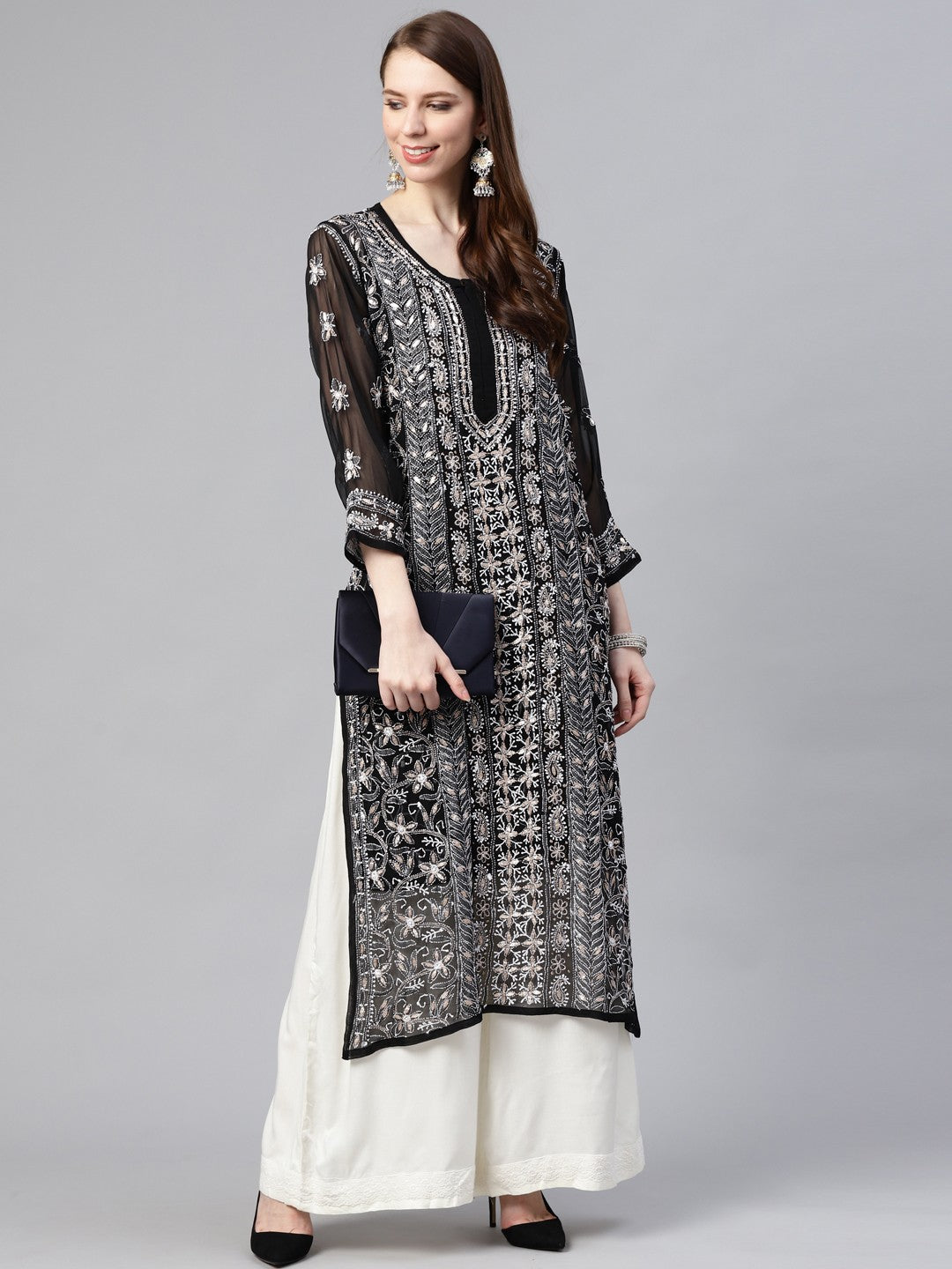 Ada Hand Embroidered Black Georgette Lucknowi Chikan Straight Kurta/Slip with Gota patti Work A411116