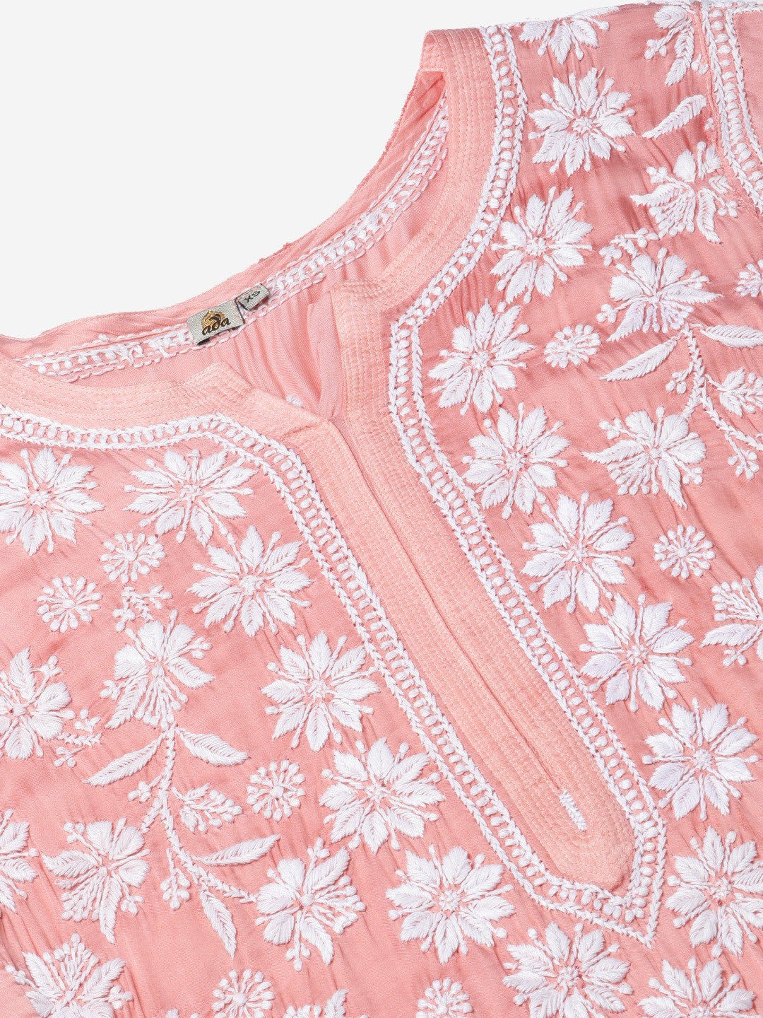 Ada Hand Embroidered Peach Satin Lucknow Chikankari Kurta-A411143