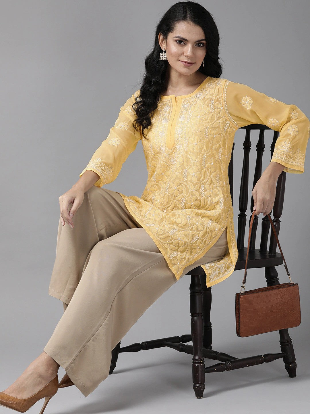 Ada Hand Embroidered Yellow Georgette Lucknowi Chikankari Straight Kurti A911120