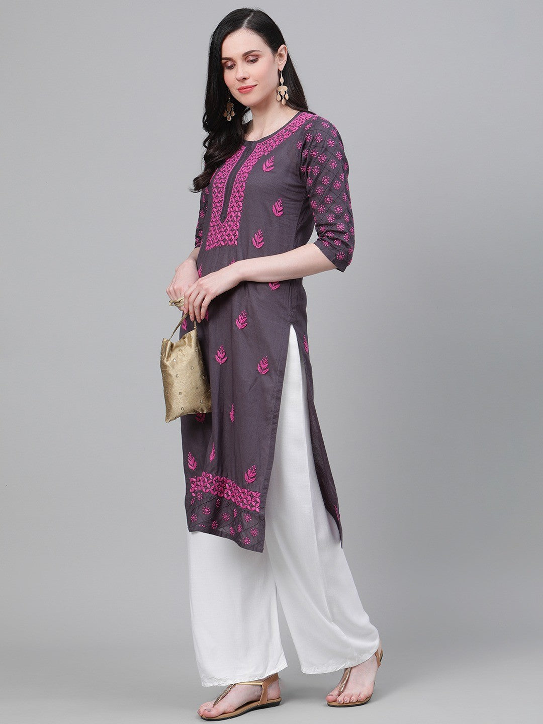 Ada Hand Embroidered Grey Cotton Lucknowi Chikankari Straight Kurta A411147