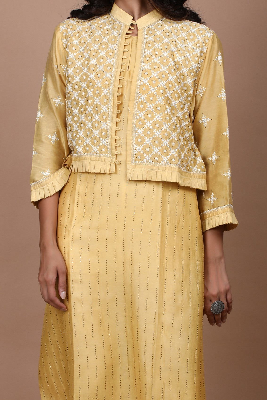 Ada Hand Embroidered Fawn Chanderi Lucknowi Chikankari Semi-Stitched Kurta/Jacket With Muqaish Work A597291