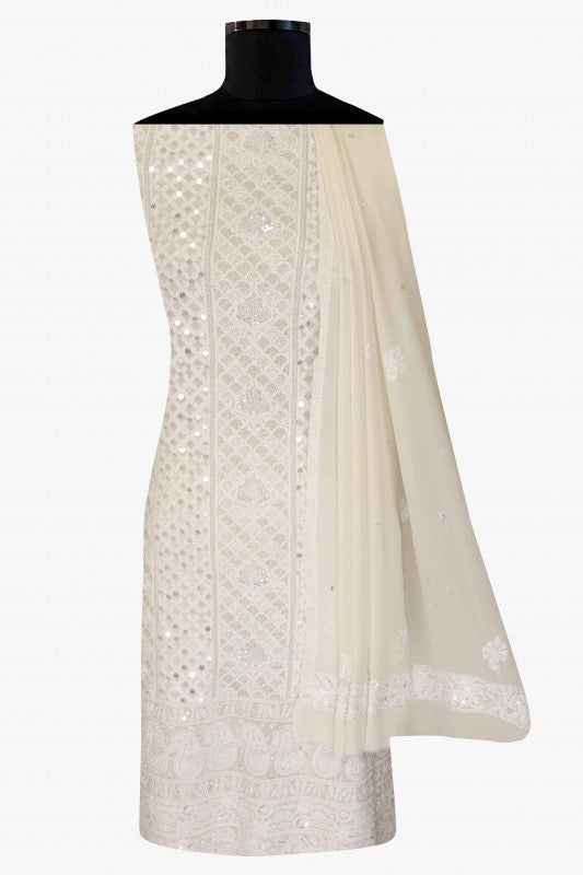 Ada Hand Embroidered White Pure Georgette Lucknowi Chikan Unstitched Kurta Dupatta Set With Pearl & Sequinned Work-01A59013